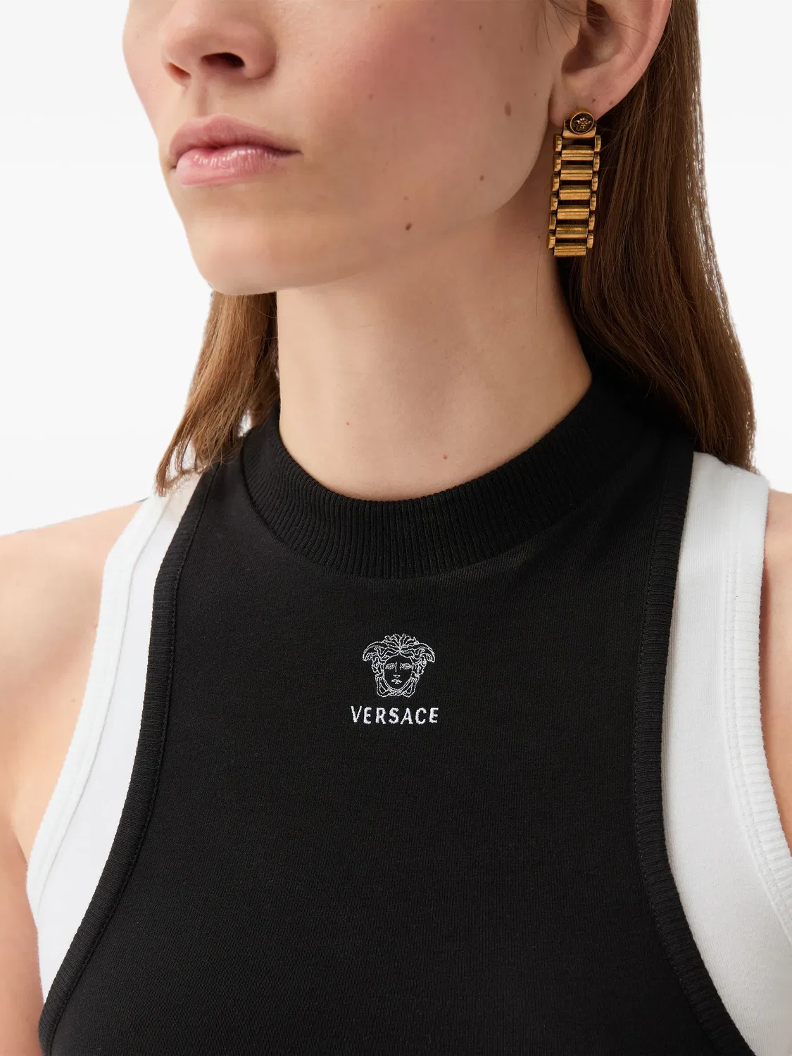 Майка из эластичного хлопкового трикотажа с вышитым логотипом Versace, черный — фото 4