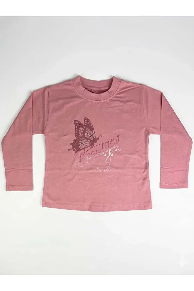 Детские свитшот для девочек с принтом Girl's pink butterfly printed sweatshirt - silver glittery detailed fine combed cotton sweatshirt Incili, Pink — фото 2
