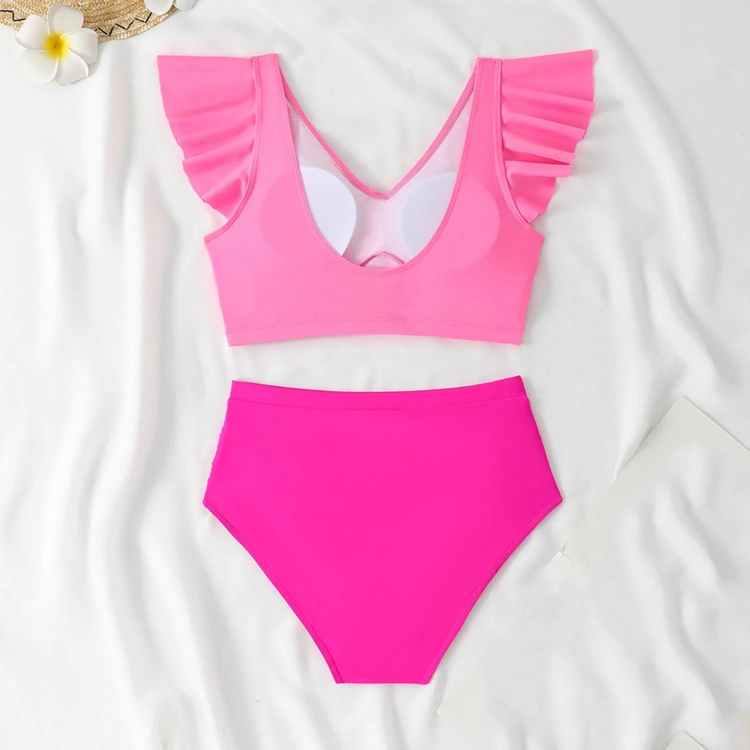 Женский бикини-комплект с завышенной талией и рюшами, Hot Pink — фото 4