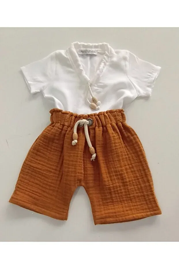 Детский комплект шорт и футболки для девочек хлопковый Moms And Babies, Brown Cinnamon — фото 4