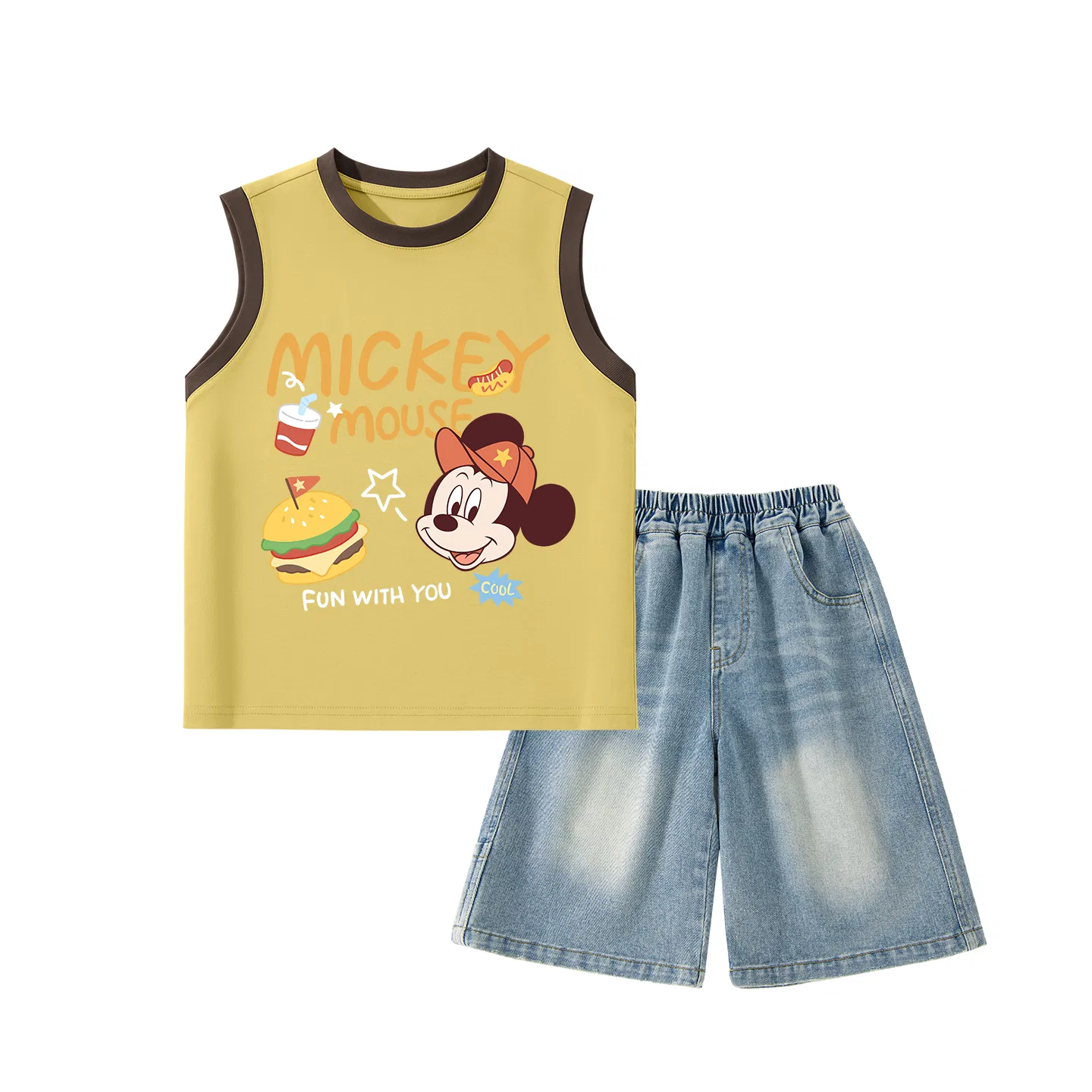 Детский спортивный костюм с круглым вырезом, тонкий, Disney, Dihang Brown Yellow+Solid Color Denim Blue