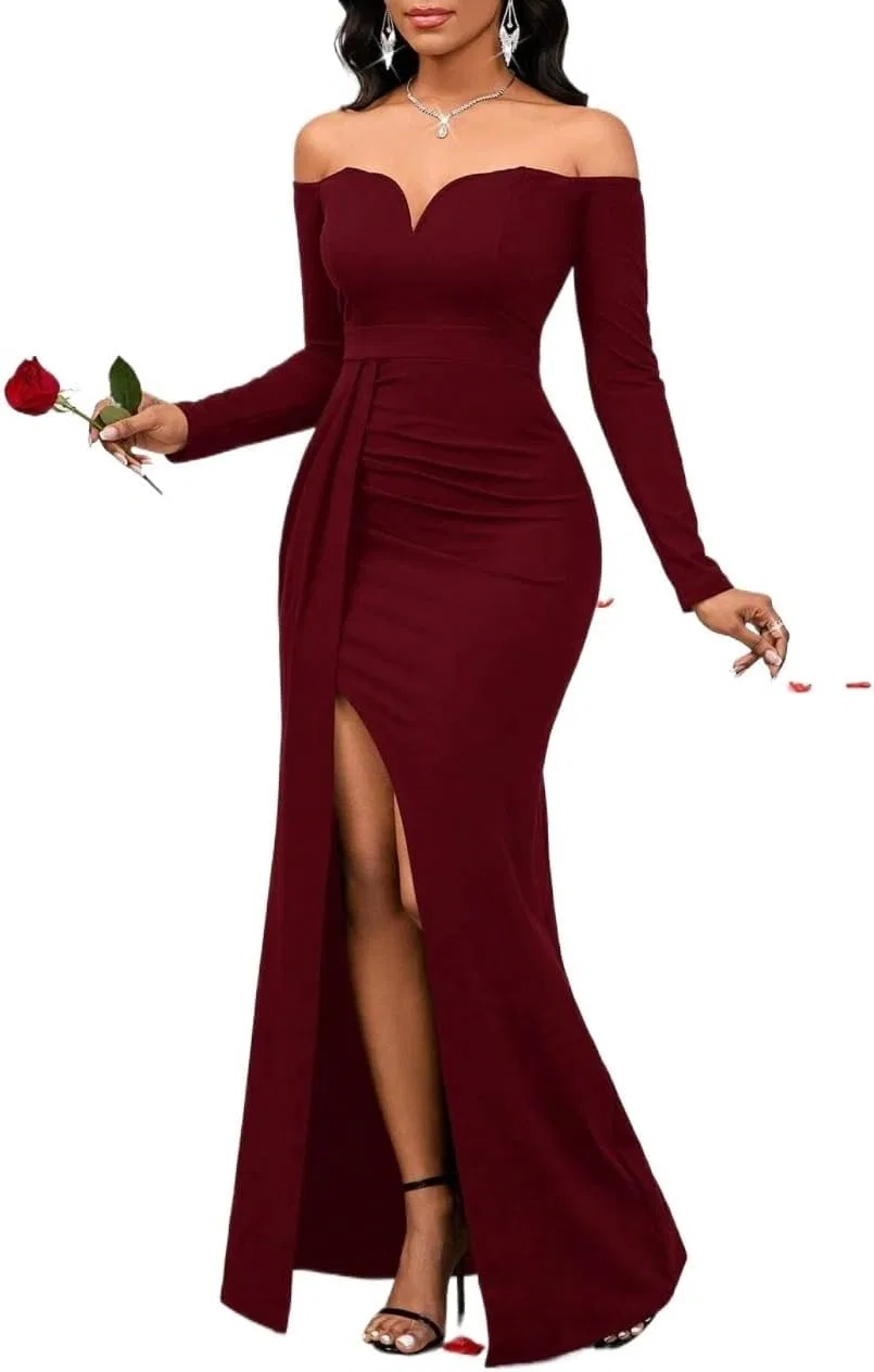 Женское облегающее платье с разрезом Off Shoulder, Burgundy