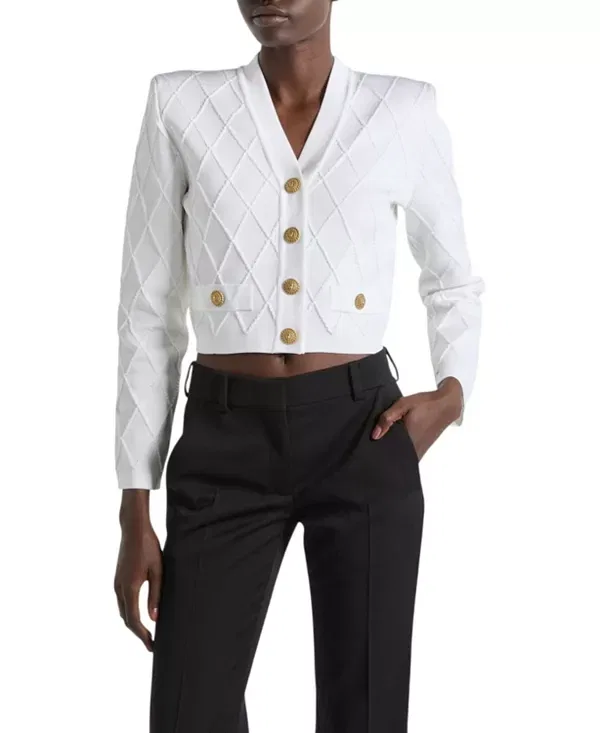 Женский укороченный вязаный кардиган Balmain, белый