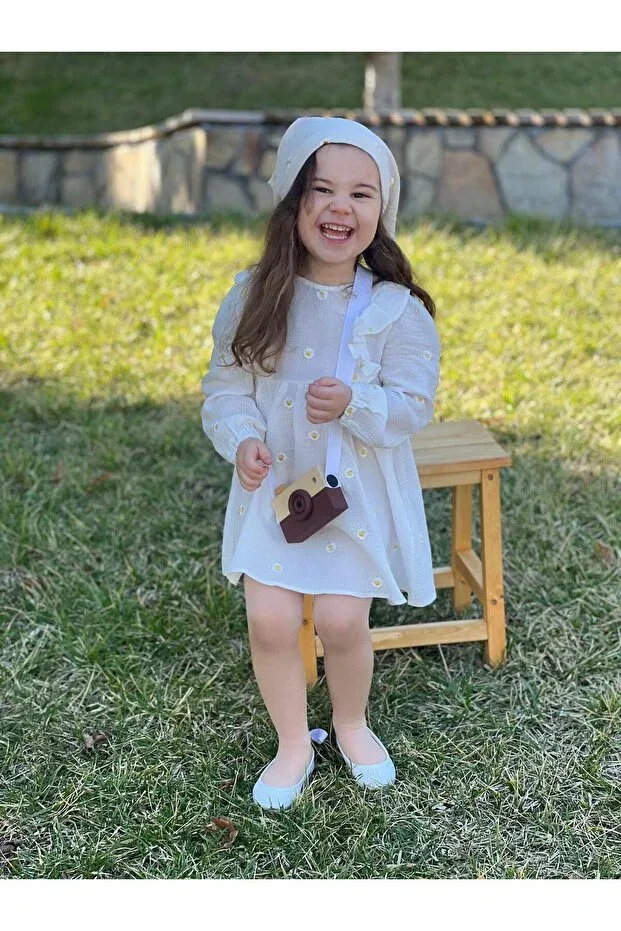 Детское платье для девочек с вышивкой Organic muslin embroidered bohemian dress daisy 1-10 years Meqlife, Ecru — фото 2