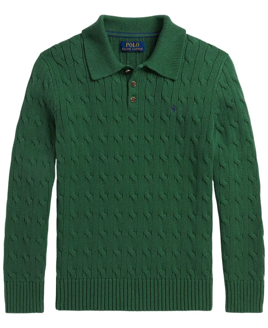 Свитер из хлопка с косами, с длинным рукавом, поло Polo Ralph Lauren, Verano Green
