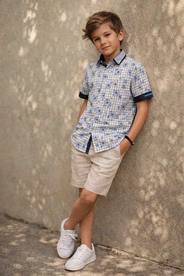 Детская рубашка для мальчиков с коротким рукавом Double Buttoned Bicycle Patterned Short Sleeve Children's Shirt Louis Kids, Navy Blue