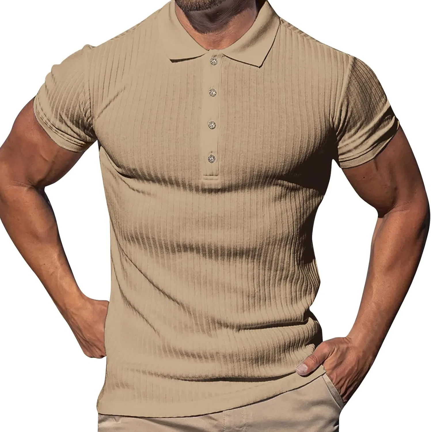 Мужская облегающая футболка с коротким рукавом Ribbed Stretch, Khaki