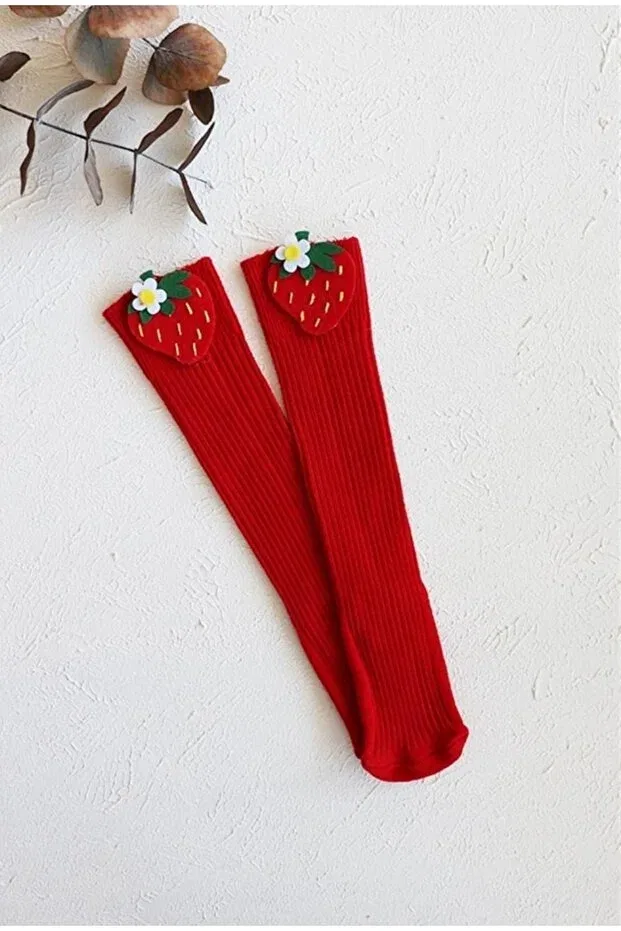 Детские носки для девочек с принтом Baby knee socks felt fuzzy strawberry Özkardeşler Baby, Red