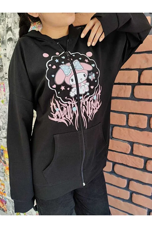 Детское худи с принтом My melody fringed pink front printed black zipper sweatshirt cardigan Mech Butik, Black