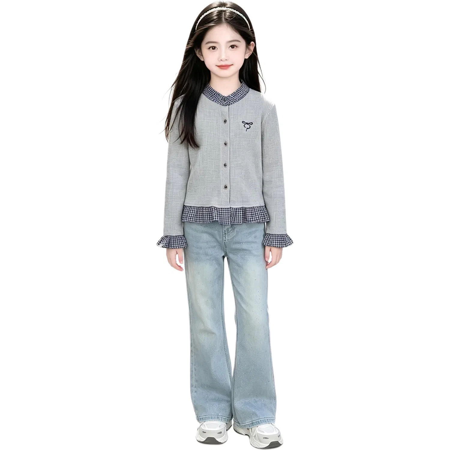 Детский костюм спортивный с воротником, модель Grade School Casual Sportswear, MADALLO, Gray+Jeans