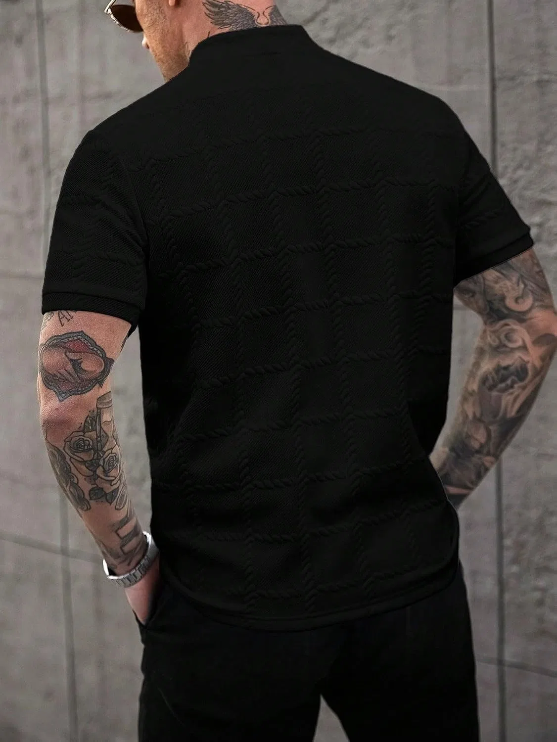 Мужская повседневная футболка с воротником-стойкой, Black — фото 3