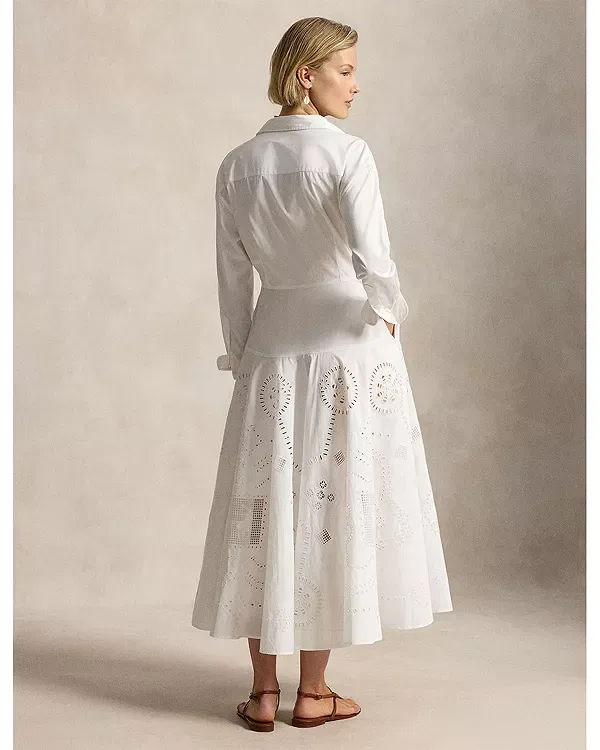 Женское платье-рубашка с вышивкой Cotton eyelet shirt dress Ralph Lauren, белый — фото 3