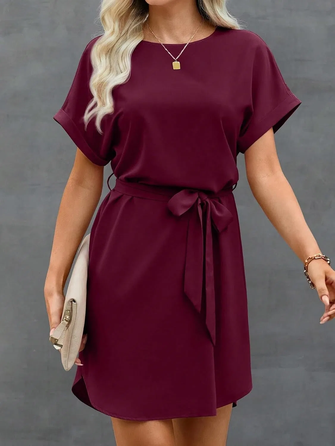 Женская туника с поясом с коротким рукавом Colorblock, Burgundy — фото 2