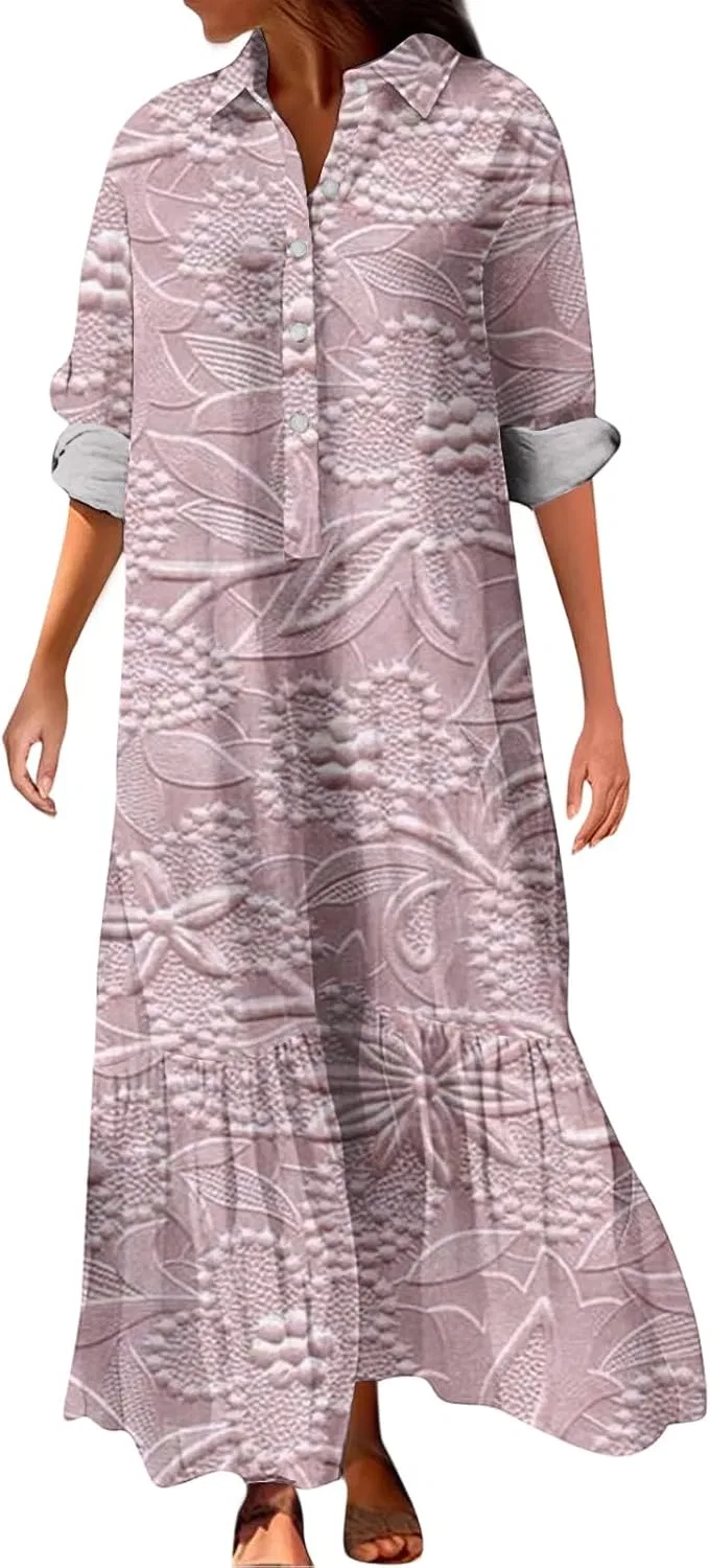 Платье-рубашка макси с цветочным принтом, Plus Size, Pink