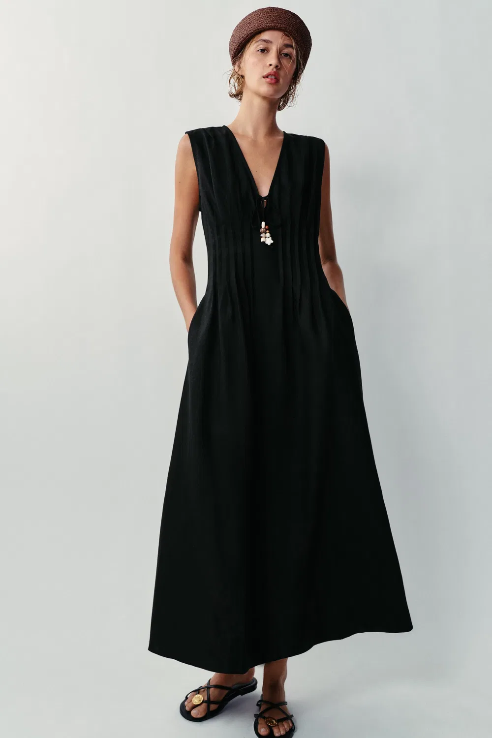 Платье миди из льняной смеси с защипами ZARA, Black