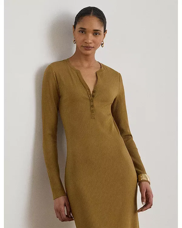 Женское платье с рифленым трикотажем Petites Ribbed Henley Midi Dress Ralph Lauren, Bronze — фото 2