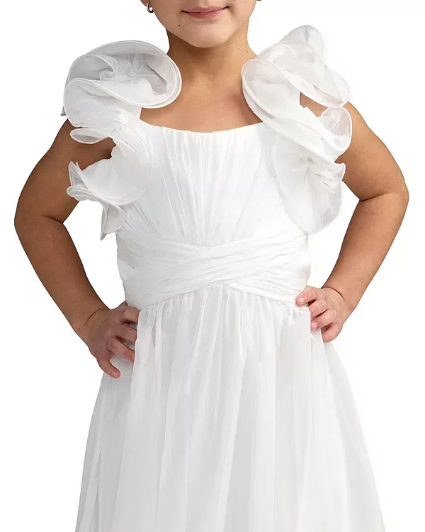 Детское платье для девочек с принтом Floral Chiffon Ruffle Shoulder Dress Mac DUGGal, белый — фото 3