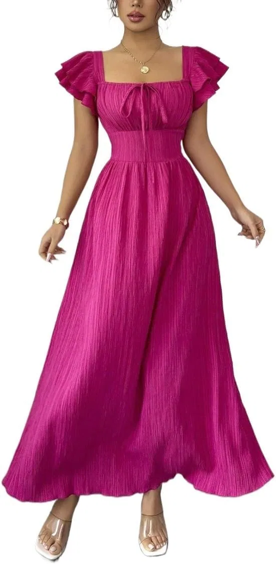 Женское повседневное платье с квадратным вырезом и оборками, Hot Pink