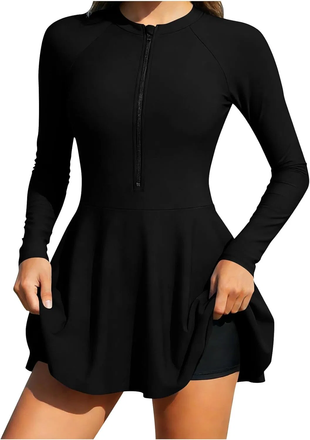 Женский купальник с длинным рукавом и юбкой UPF 50+, Black