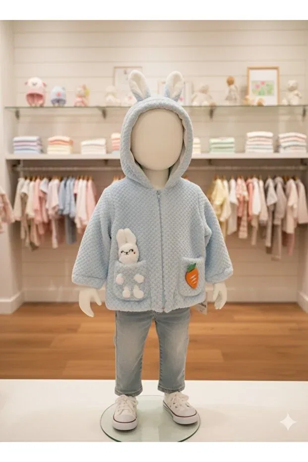 Детское пальто с принтом Soft plush hooded blue unisex children's coat with rabbit pocket toy Jasminya, Blue — фото 2