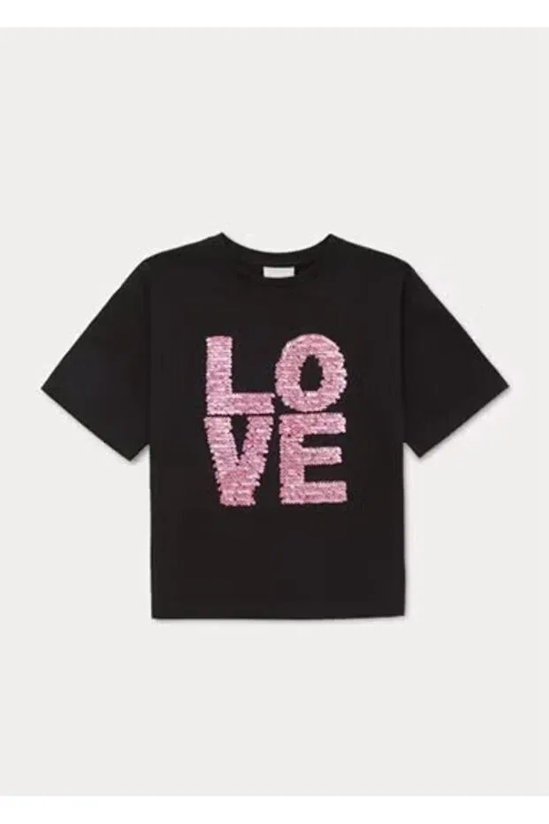 Детская футболка для девочек с пайетками с принтом 2474 girl's black sequin slogan t-shirt Kübra Tekstil, Black — фото 2