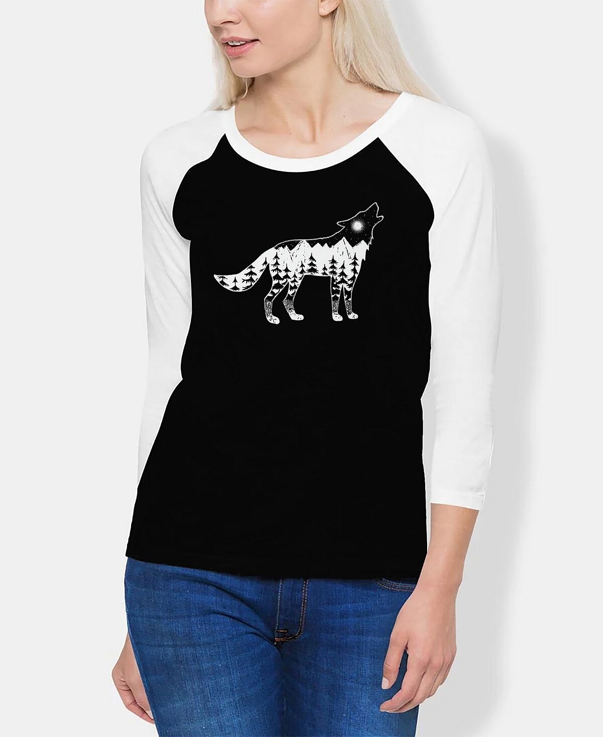 

Женская футболка реглан howling wolf word art LA Pop Art, черно-белый