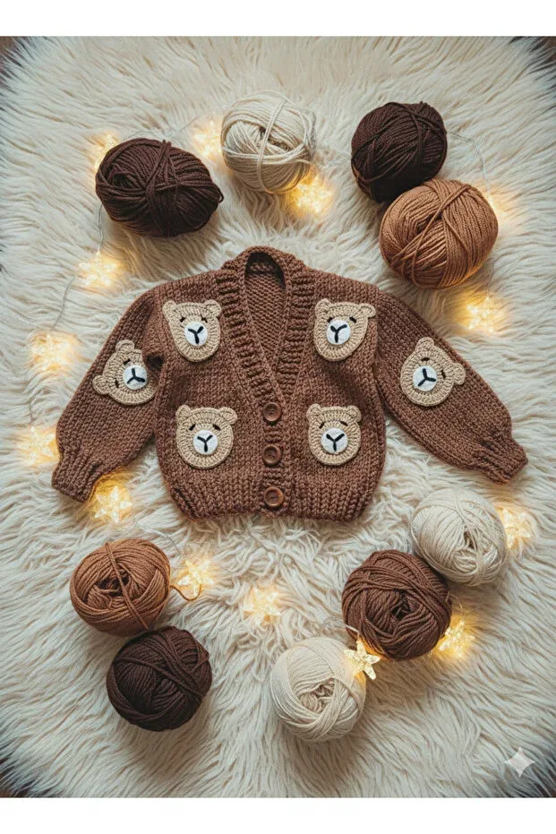 Детское вязаное пальто-кардиган с длинным рукавом Lily knitting hand-knitted teddy bear cardigan Handmade, Beige