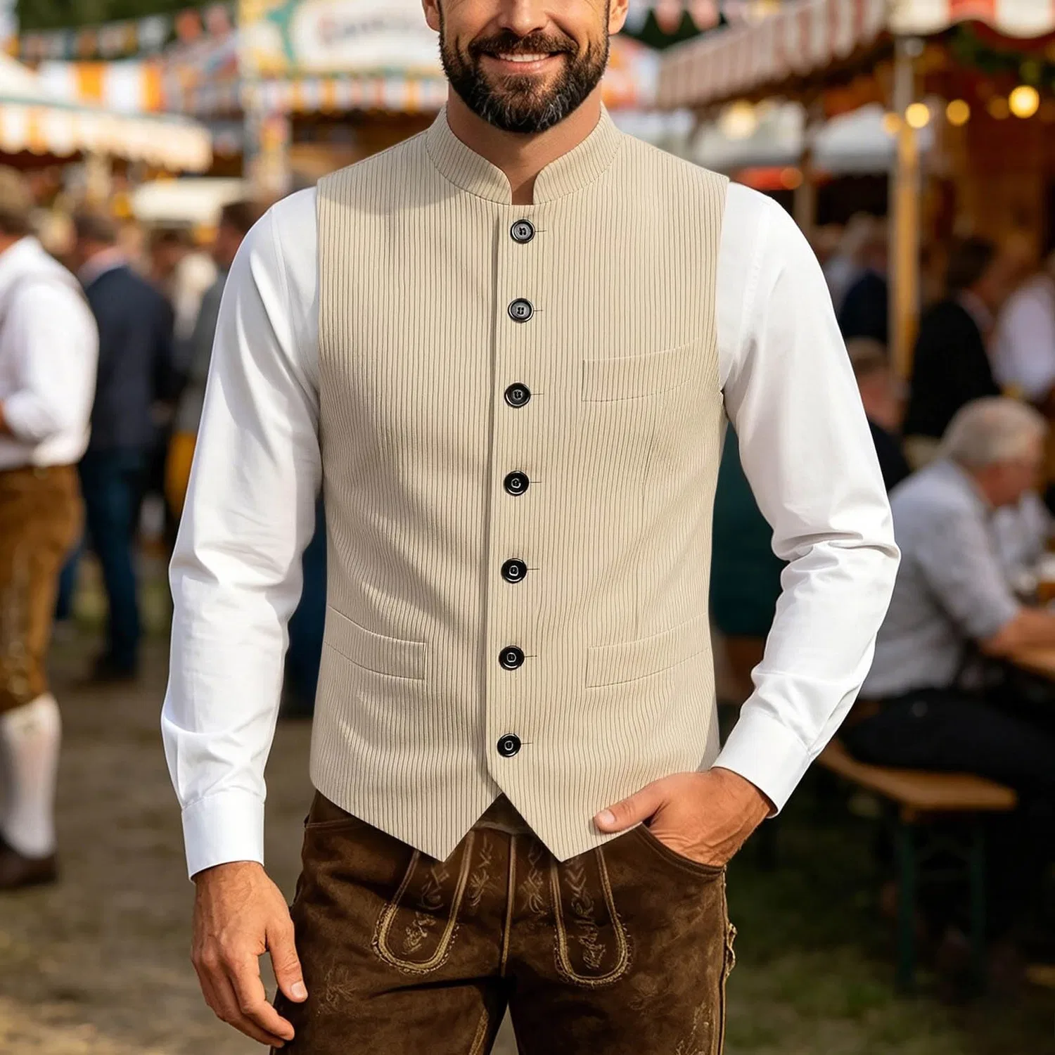 Мужское безрукавное пальто с корейским воротником Festival della Birreria, Beige-2 — фото 3