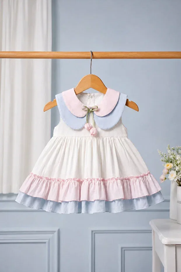 Детское платье для девочек без рукавов Elegant Tulip Double Collar Detailed Stylish Dress Noy Noy, Ecru — фото 2