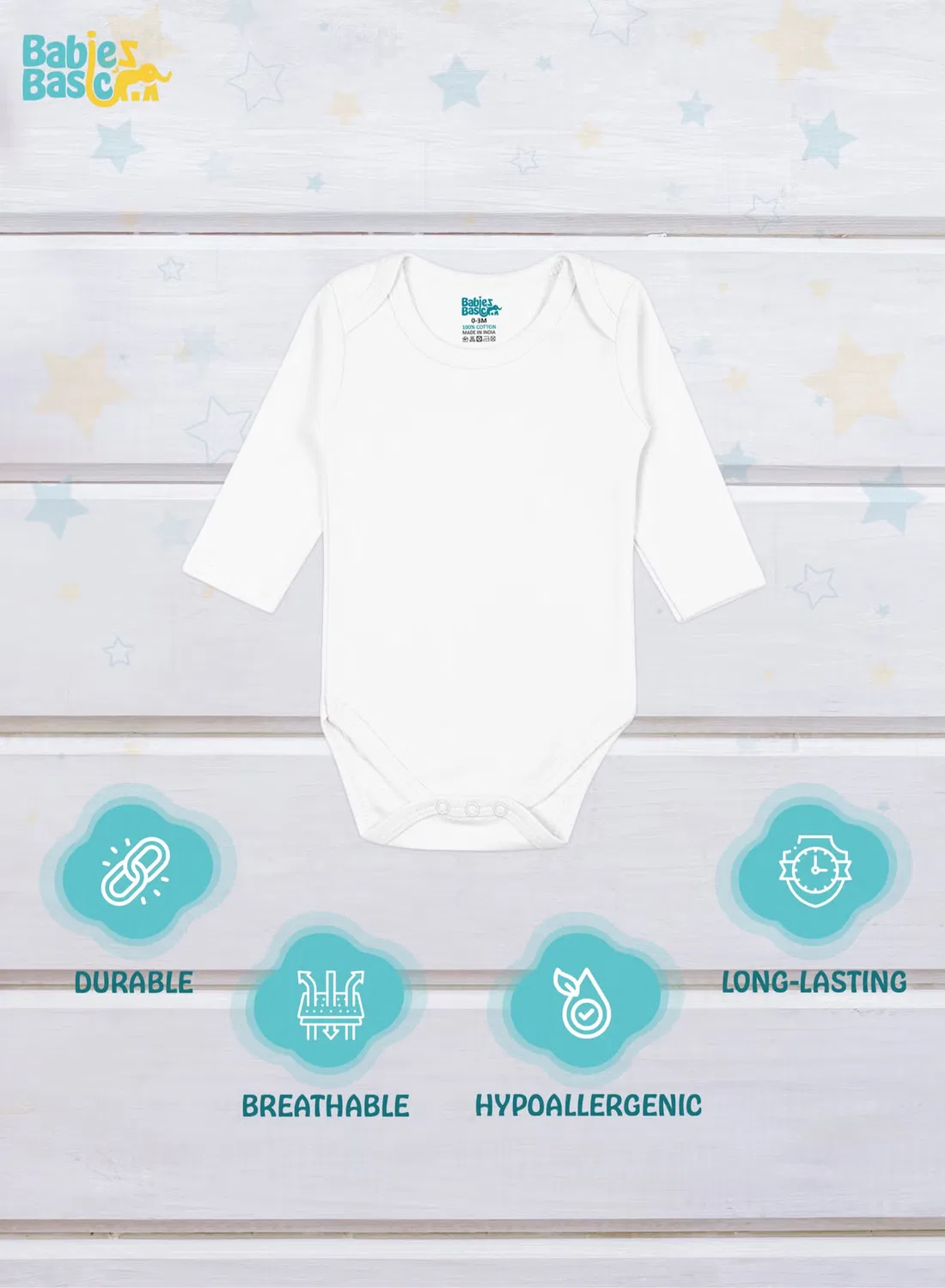Боди-комбинезон с длинным рукавом, комплект из 3 штук, Babies Basic, белый — фото 3