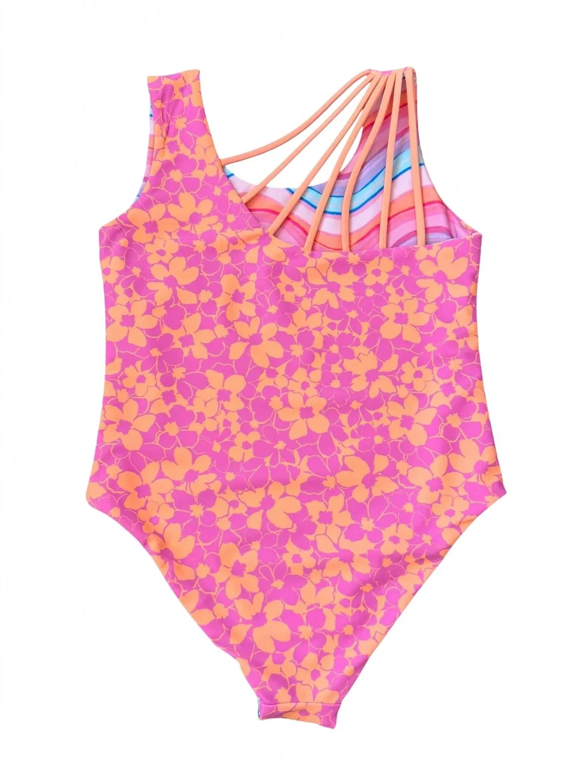 Детский купальник слитный двусторонний с цветочным принтом Summer Sun Reversible feather 4 arrow, Magenta Punch — фото 2
