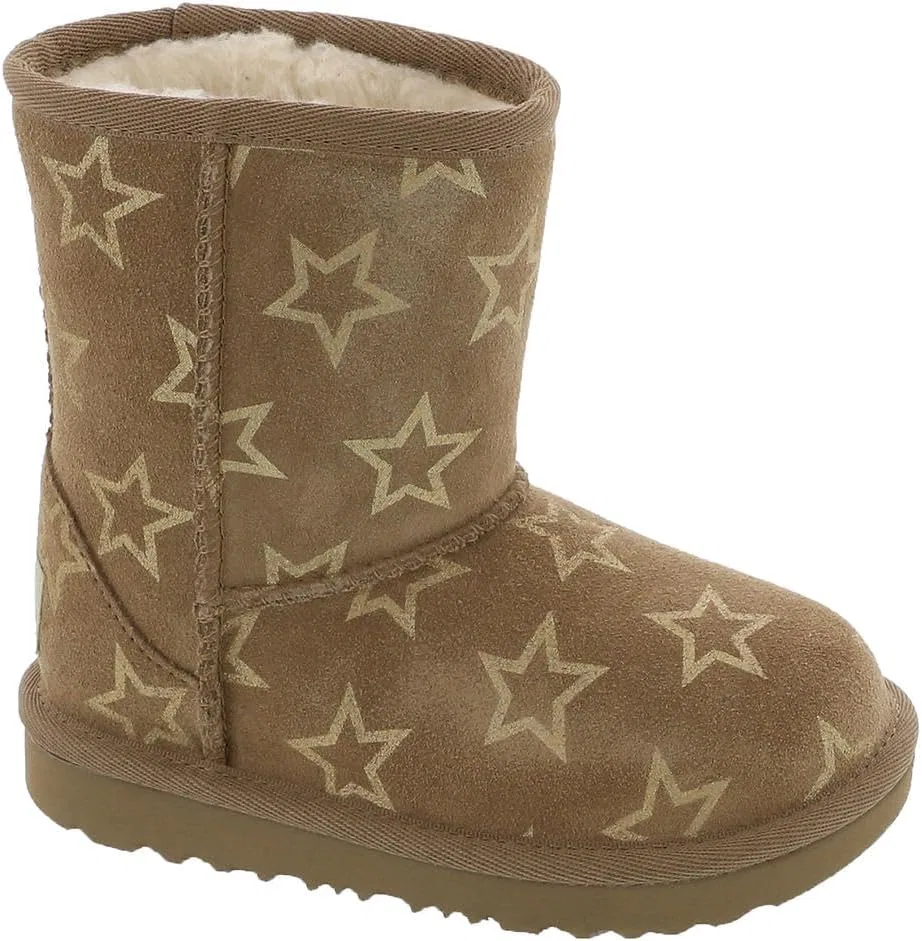 Детские сапоги для девочек с блестками UGG Kids' T Classic II Iridescent Stars, Chestnut/Gold Iridescent