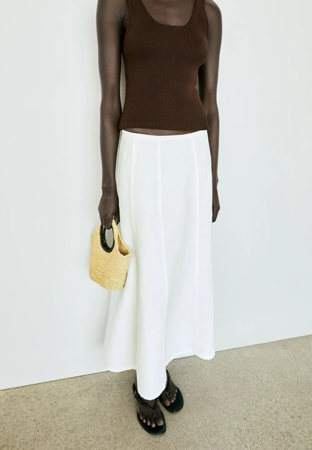 Миди-Юбка из 100% льна с эффектом джинсовой ткани - юбка А-силуэта Massimo Dutti, White