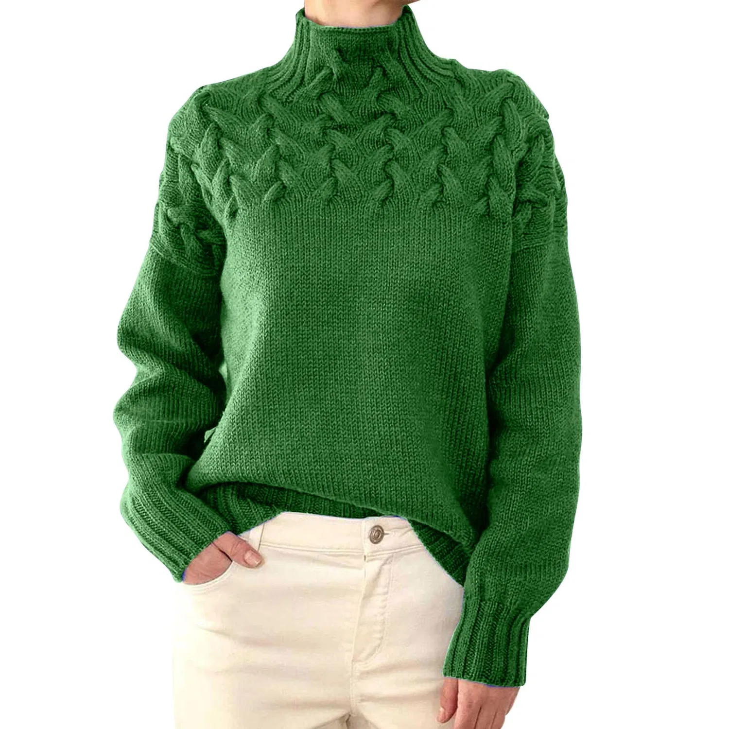 Женский свитер с высоким воротом и косами, с длинным рукавом, Green