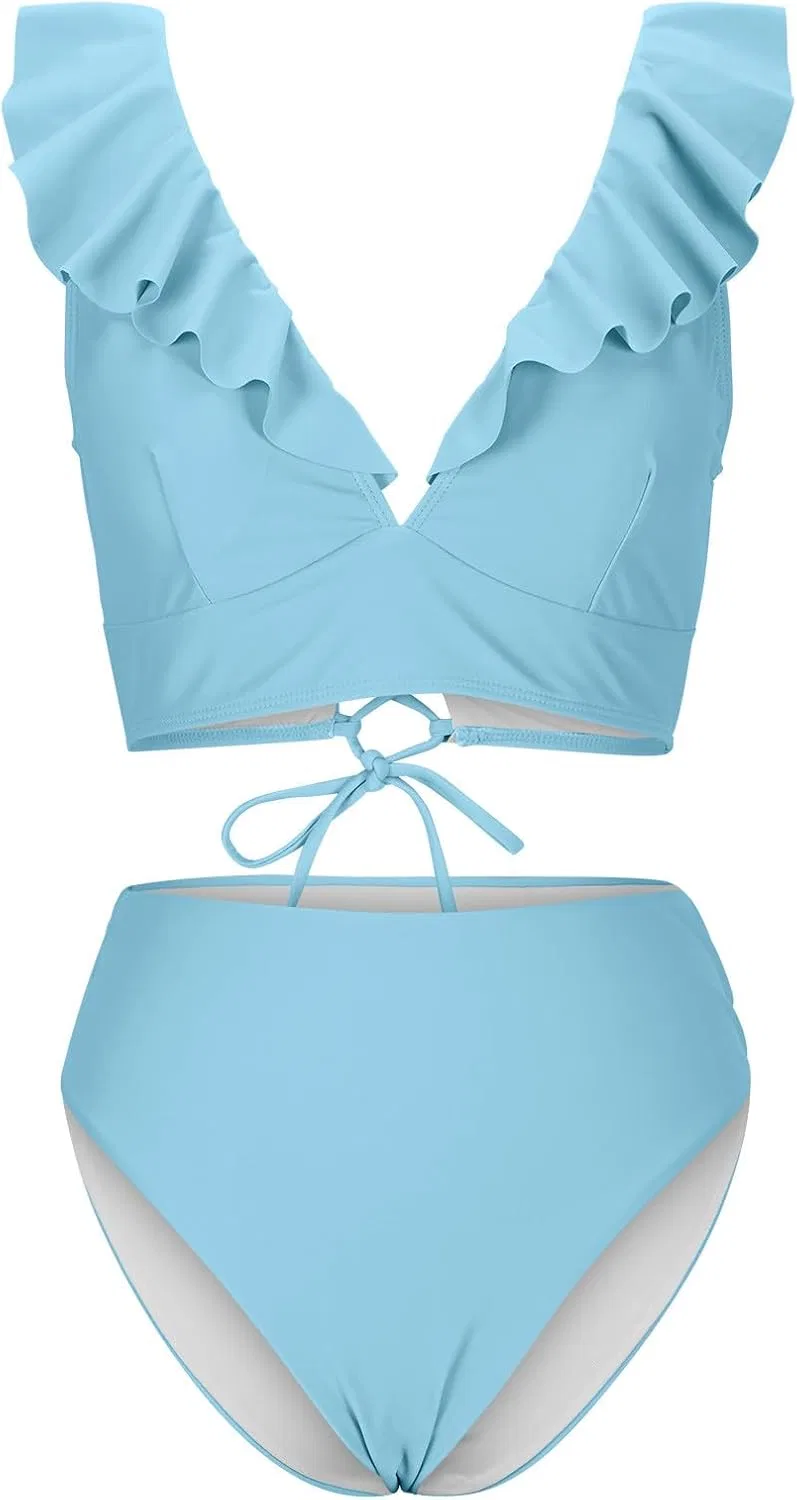Женский цельный купальник с эффектом утяжки Sweetheart Ruffle, Light Blue — фото 4
