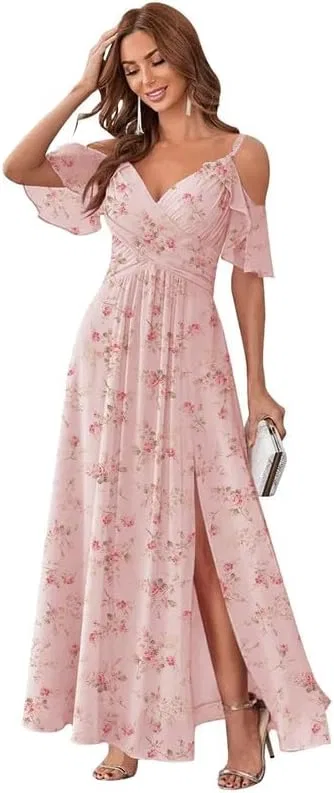 Женское вечернее платье с разрезом на плече V-образным вырезом, Pink Floral