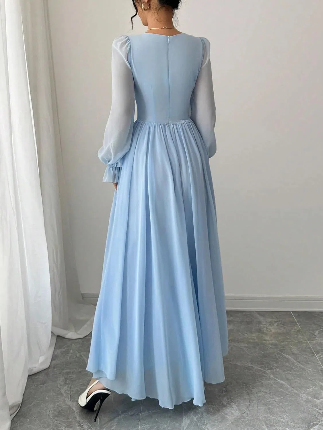 Женское элегантное платье А-силуэта с длинным рукавом, Blue — фото 2