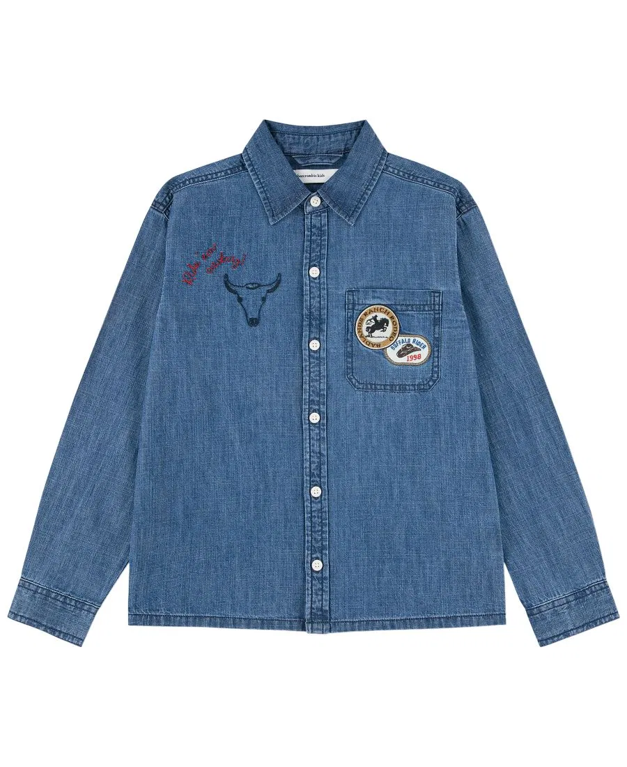 Детская рубашка с длинным рукавом джинсовая Patch Shirt abercrombie kids, Anf Blue Chambray