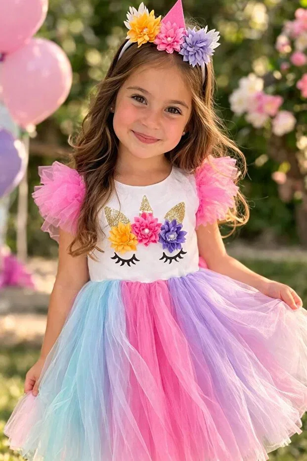 Детское платье для девочек с принтом Unicorn birthday dress + crown gift fluffy tulle princess party dress Kozadankids, Multicolor