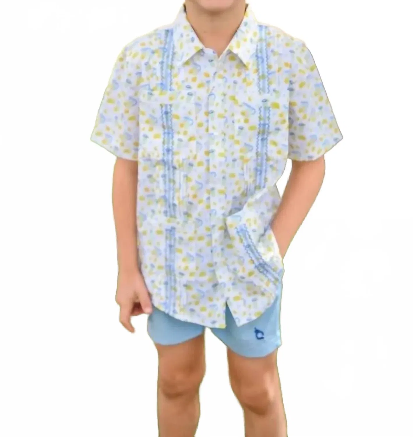 Детская рубашка для мальчиков с вышивкой и четырьмя карманами Guayabera Shirt Blue Quail Clothing Co., Lemonade