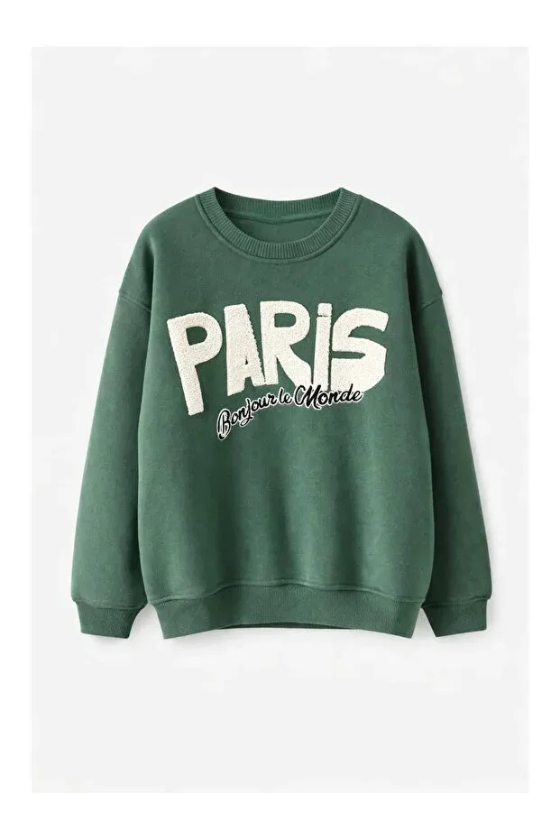 Детские свитшот для девочек с принтом Süzene paris written Kidstalya, Green