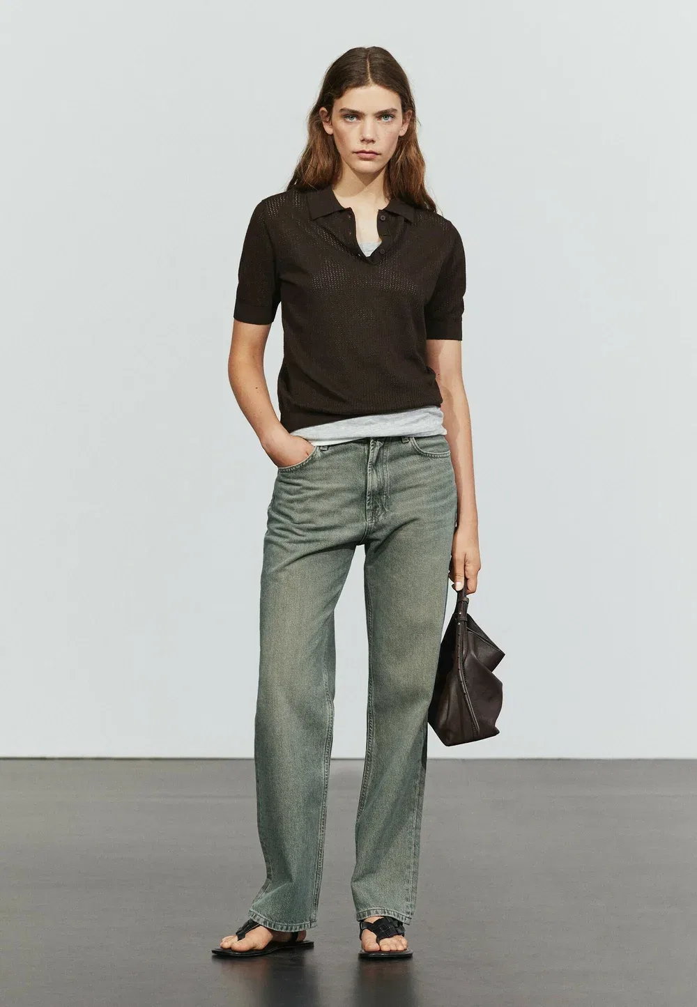 Поло из смесовой хлопковой ткани ажурной вязки - поло Massimo Dutti, Dark Brown — фото 2