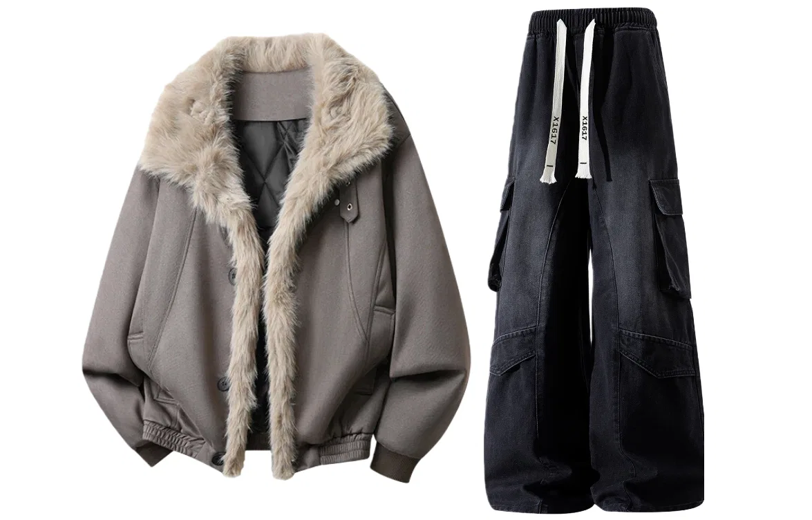 Детский комплект из утепленной куртки и брюк с воротником-стойкой X1617, Gray Puffer Jacket+Black Pants, Gray/Black