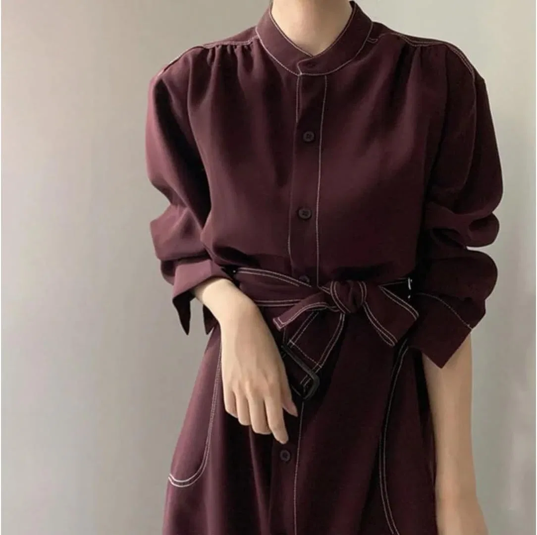 Женское платье-рубашка с воротником-стойкой Straight, Burgundy — фото 4