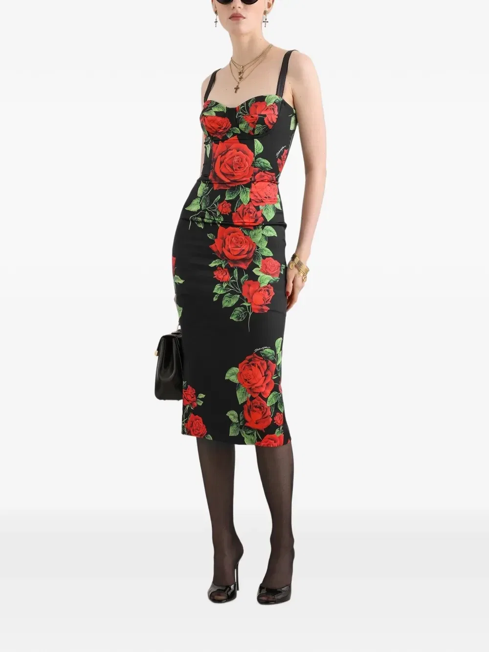 Атласное платье миди с принтом DOLCE & GABBANA, черный — фото 2