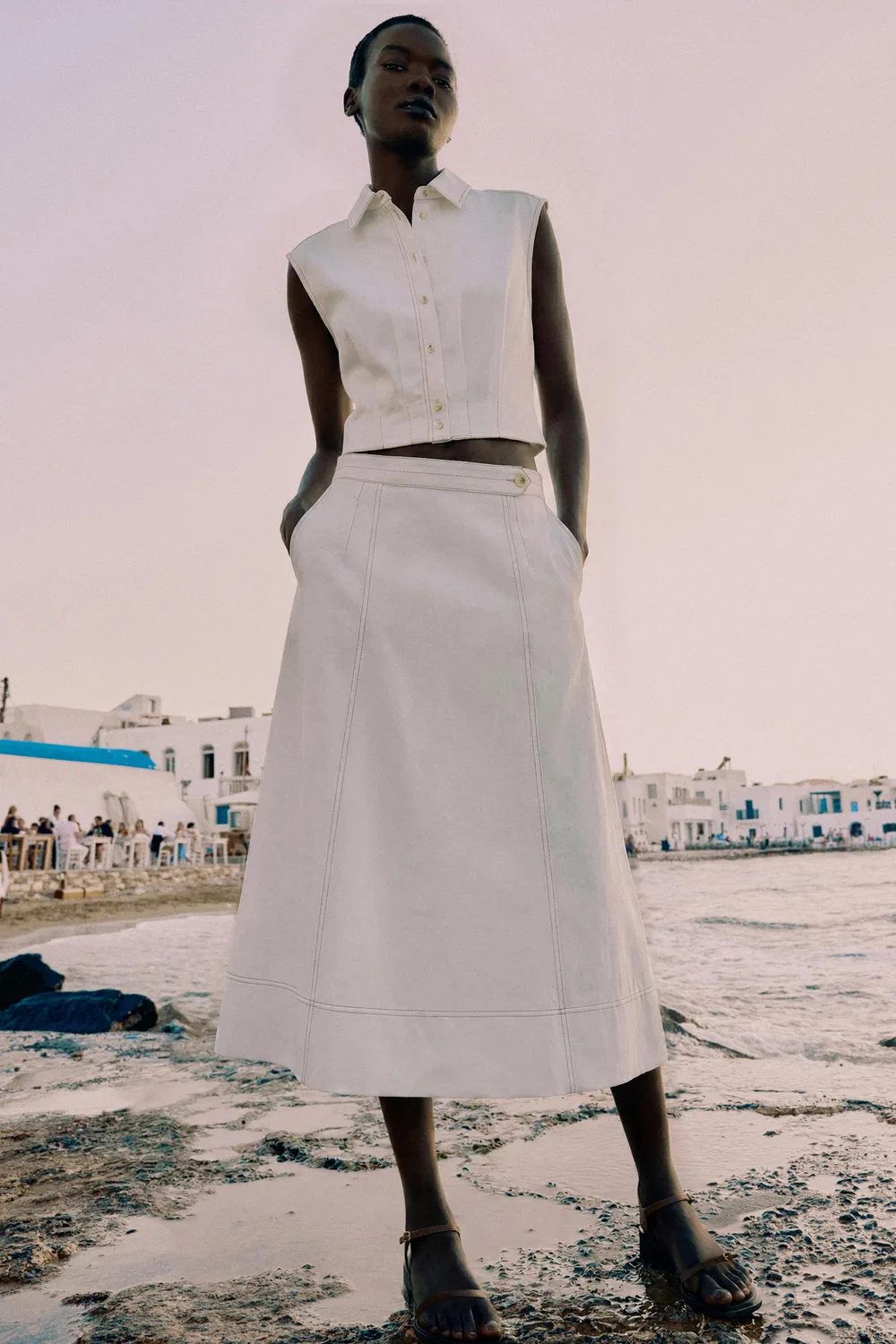 Льняной топ с отстрочкой ZARA, White
