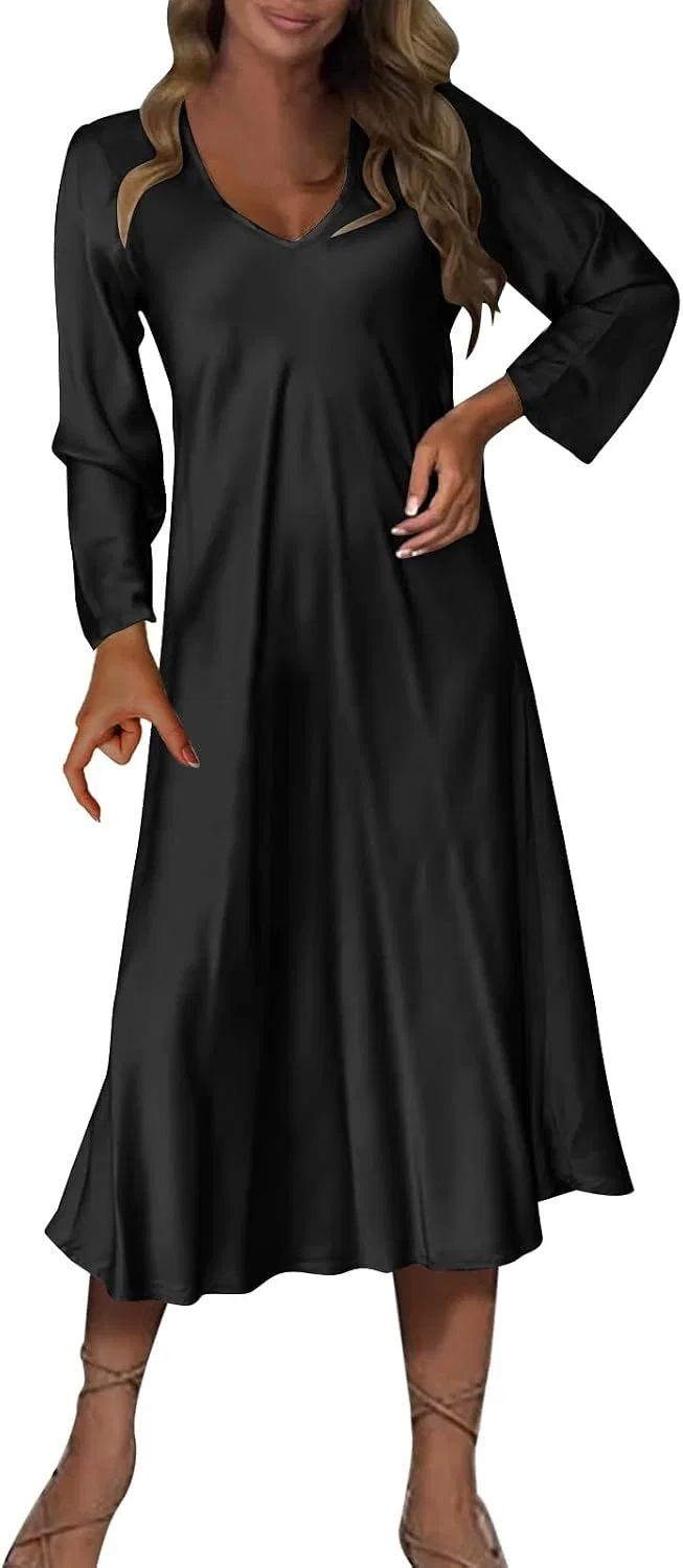 Женское платье миди свободного кроя V-образным вырезом Satin, Black