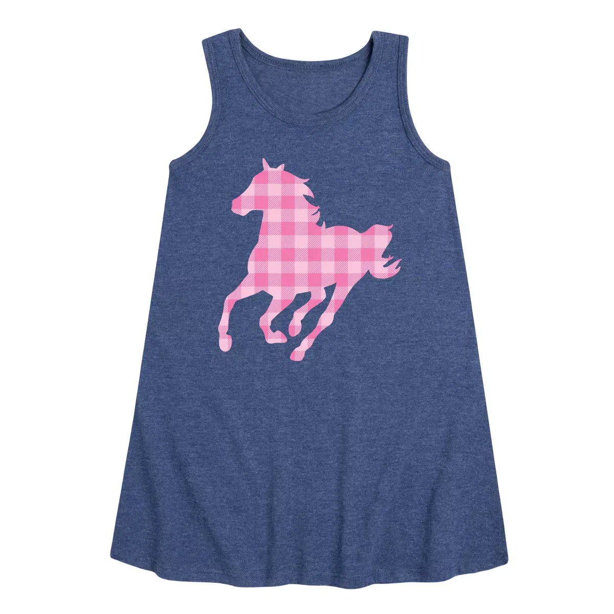 Детское платье-трапеция без рукавов с принтом Pink Gingham Horse Instant Message, Heather Navy
