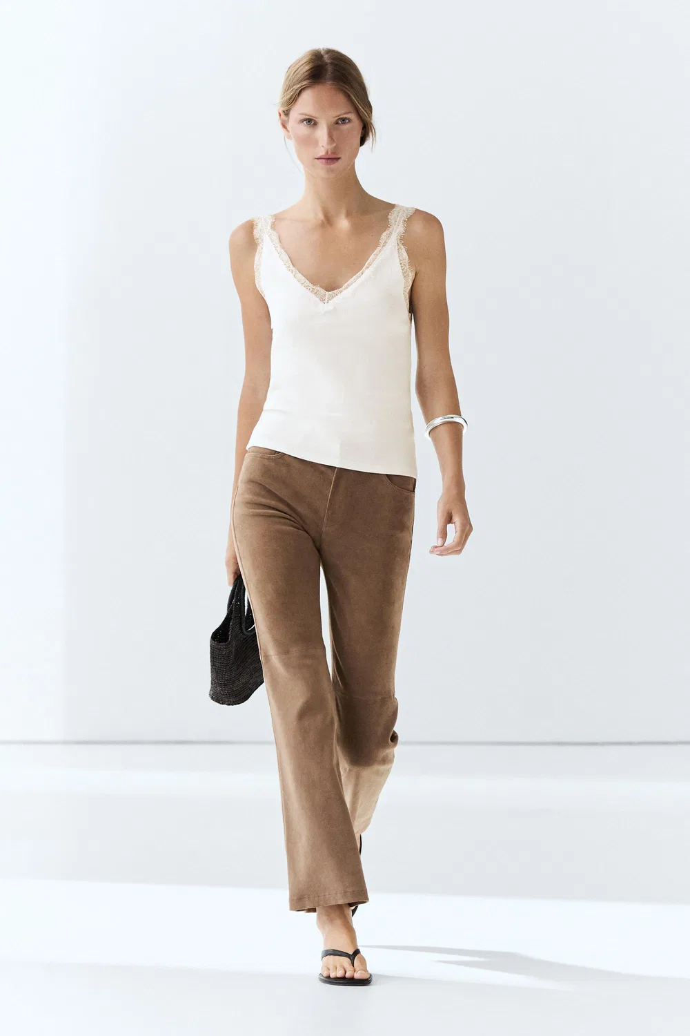 Топ Massimo Dutti Strappy Lace-Trim, кремовый — фото 3