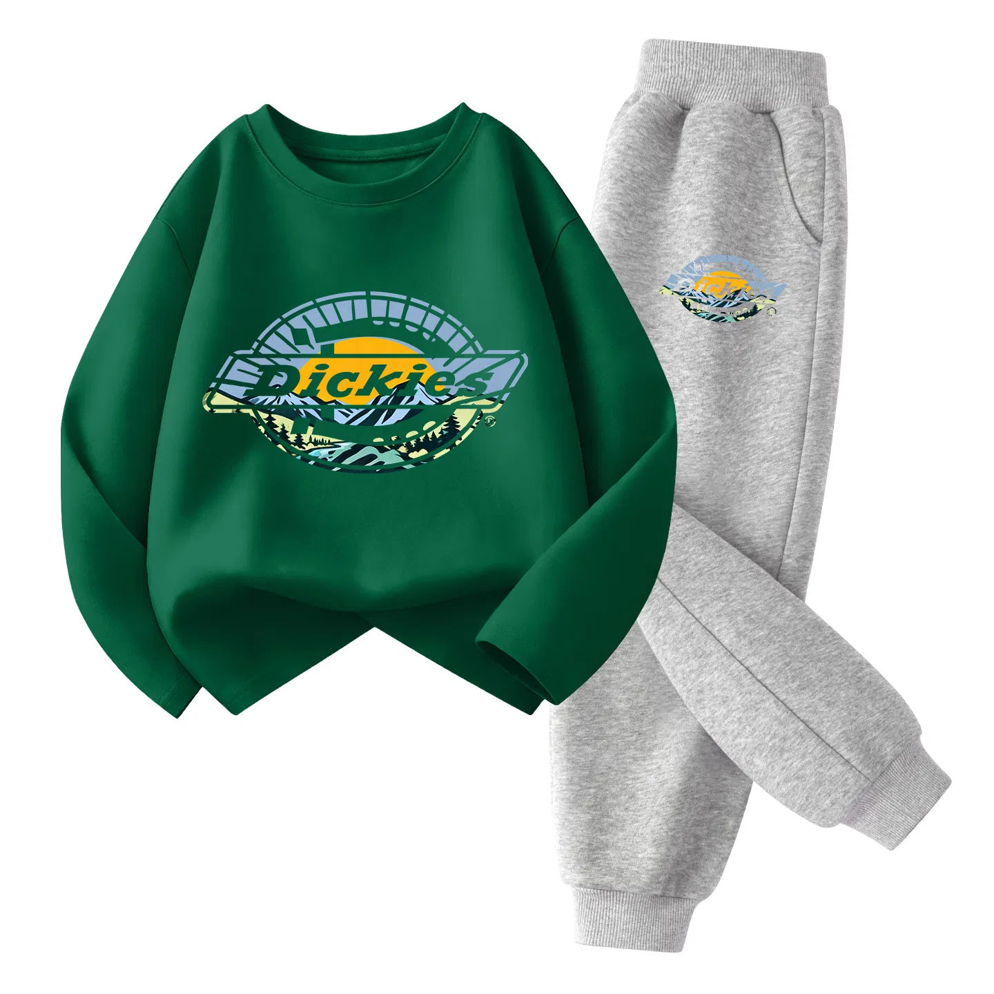 Детский комплект из футера с принтом Sun Mountain Logo Dickies, Sun Mountain Logo Vintage Green+Sun Mountain Logo K Gray